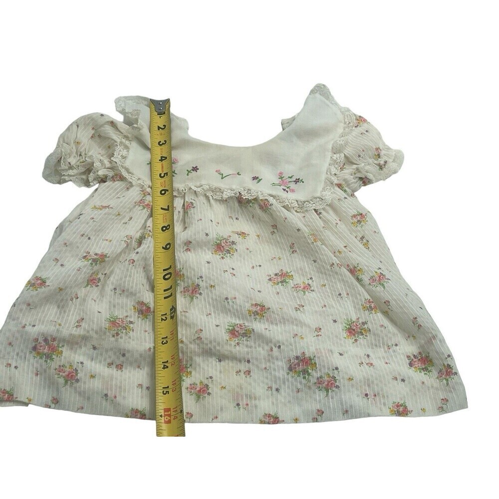VTG Nanette Dress Baby Girls 6M Cream Pink Yellow Floral Puff Sleeves Lace Ties